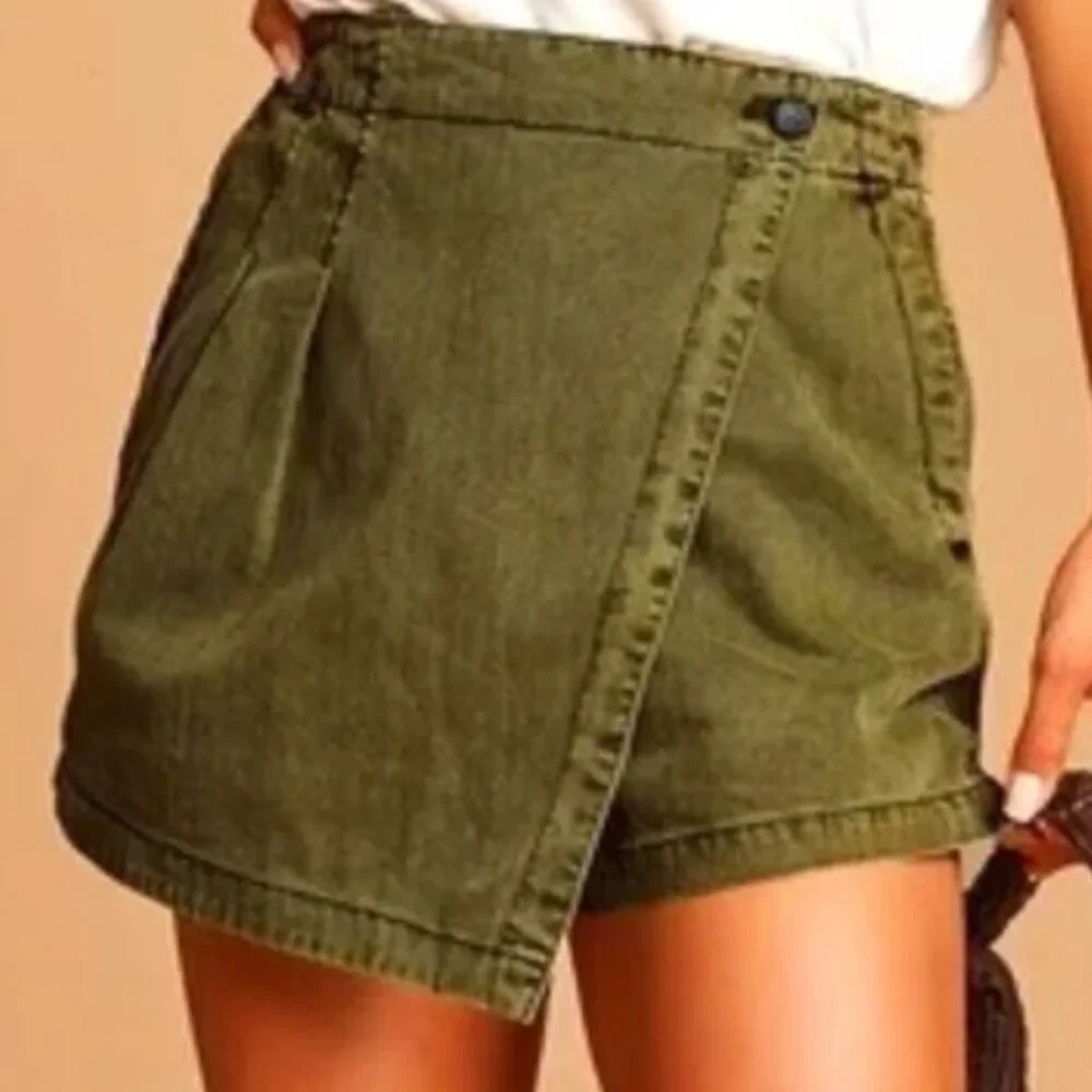 Free People Olive Green Wrap-Front Denim Skort - Picture 1 of 7